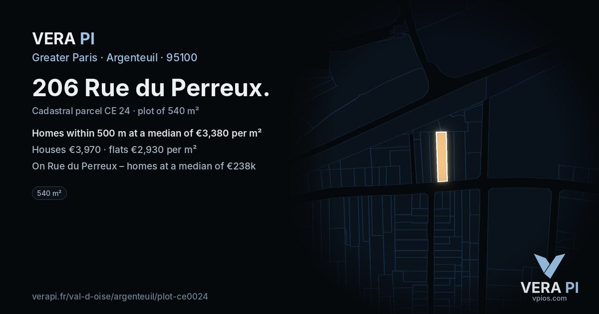 206 Rue du Perreux, Argenteuil at night – the plot lit, the parcels around coloured by the prices near them
