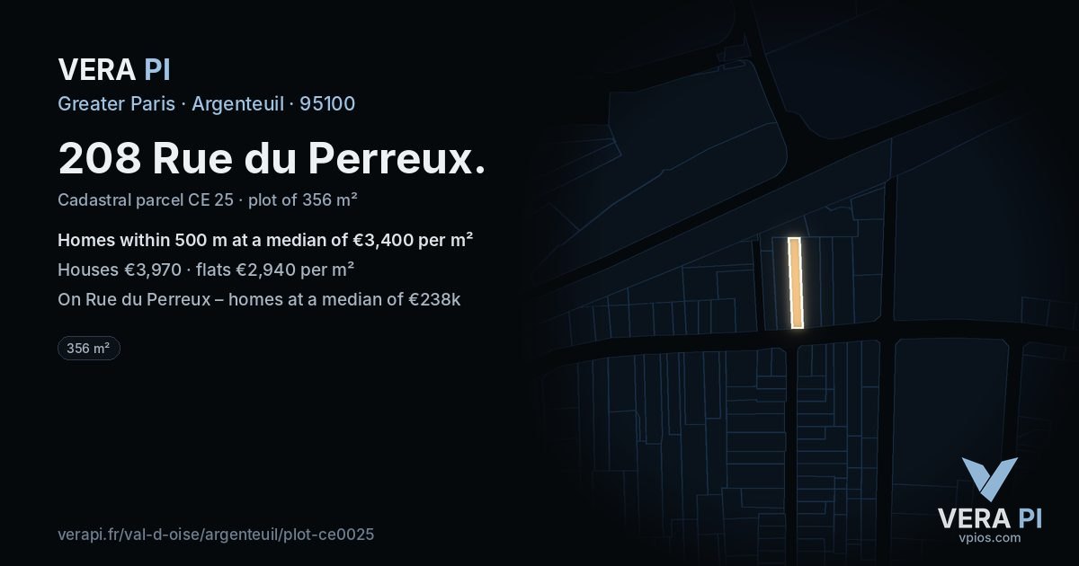 208 Rue du Perreux, Argenteuil at night – the plot lit, the parcels around coloured by the prices near them