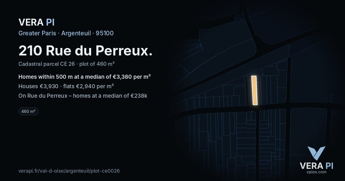 210 Rue du Perreux, Argenteuil at night – the plot lit, the parcels around coloured by the prices near them