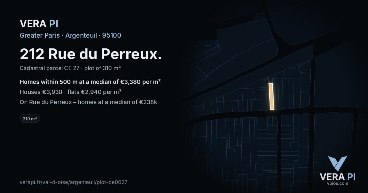 212 Rue du Perreux, Argenteuil at night – the plot lit, the parcels around coloured by the prices near them