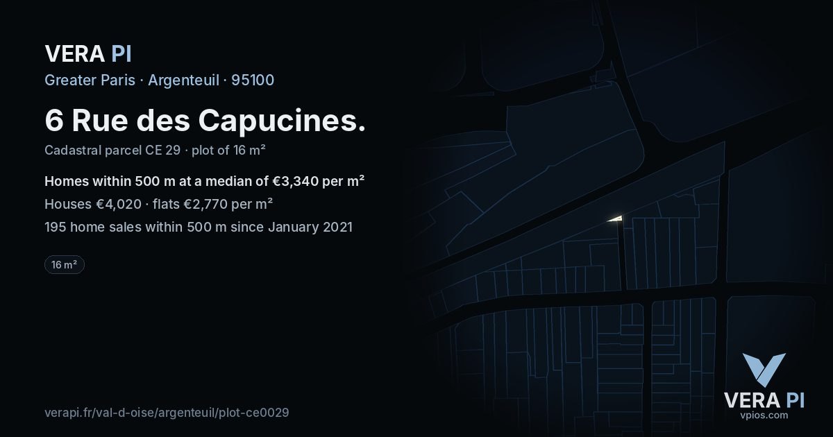 6 Rue des Capucines, Argenteuil at night – the plot lit, the parcels around coloured by the prices near them