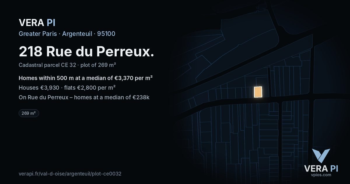218 Rue du Perreux, Argenteuil at night – the plot lit, the parcels around coloured by the prices near them