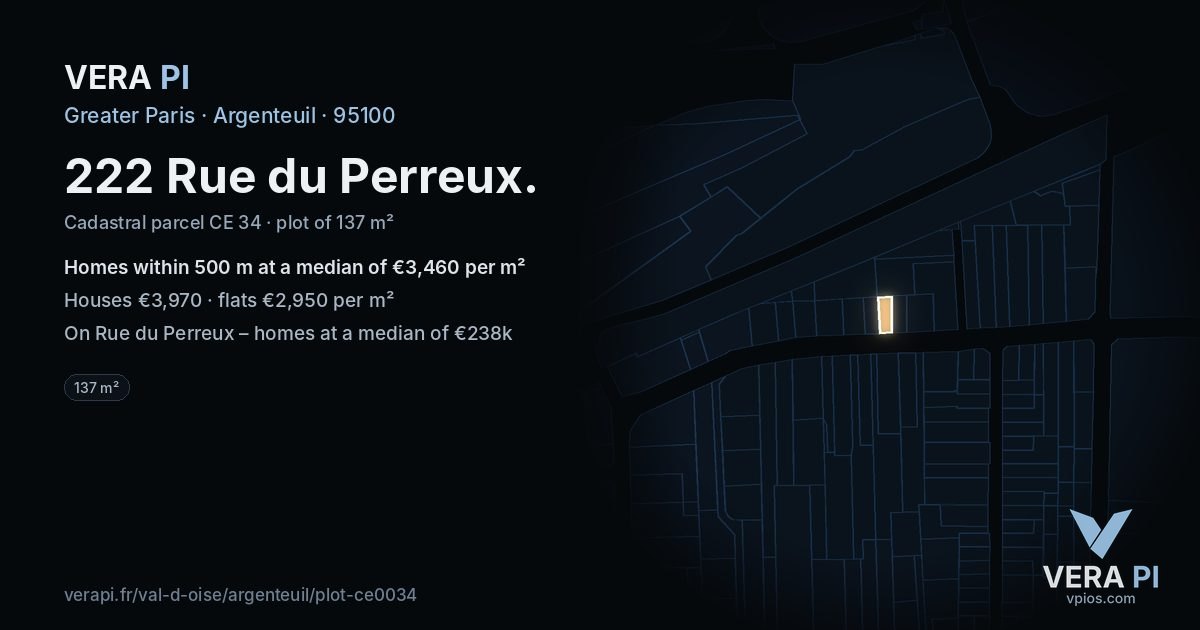 222 Rue du Perreux, Argenteuil at night – the plot lit, the parcels around coloured by the prices near them