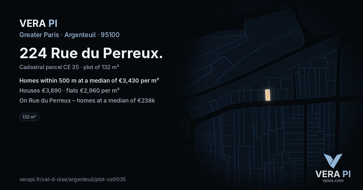 224 Rue du Perreux, Argenteuil at night – the plot lit, the parcels around coloured by the prices near them