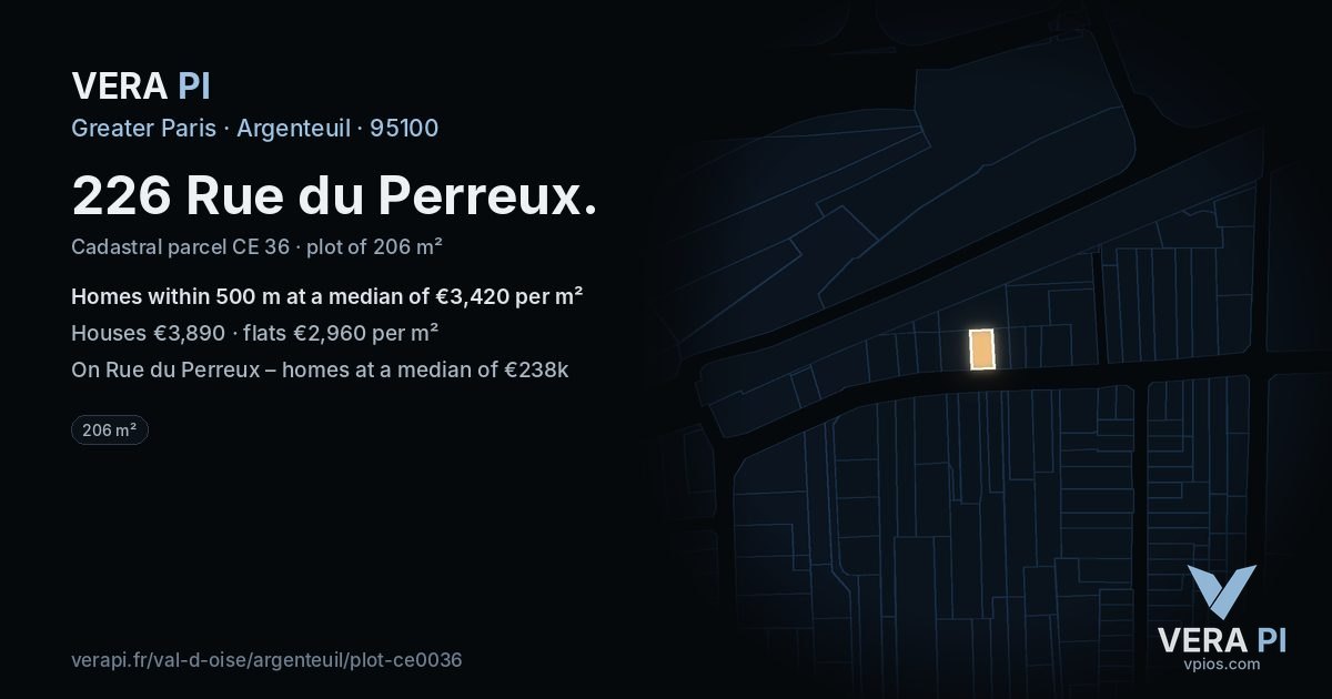 226 Rue du Perreux, Argenteuil at night – the plot lit, the parcels around coloured by the prices near them