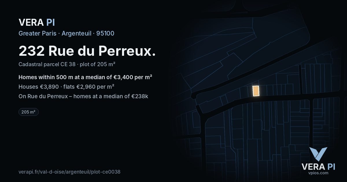 232 Rue du Perreux, Argenteuil at night – the plot lit, the parcels around coloured by the prices near them