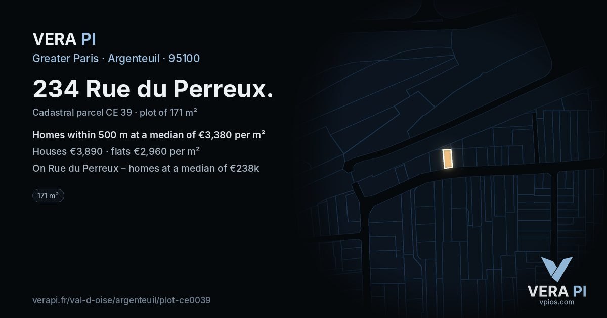 234 Rue du Perreux, Argenteuil at night – the plot lit, the parcels around coloured by the prices near them