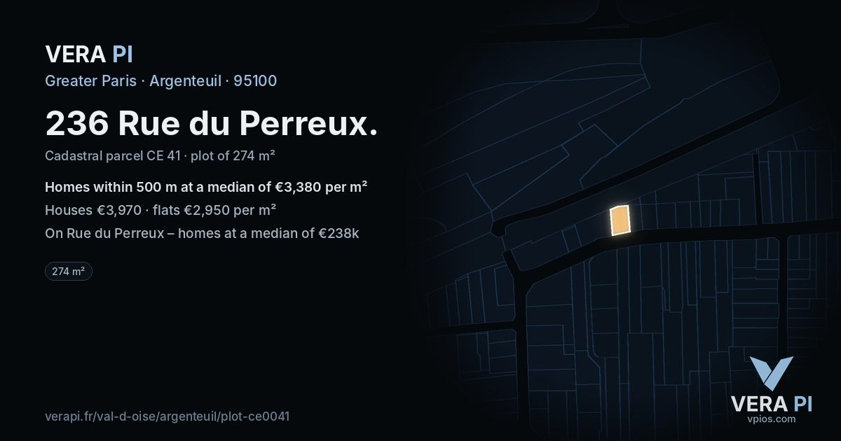 236 Rue du Perreux, Argenteuil at night – the plot lit, the parcels around coloured by the prices near them