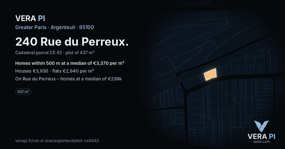 240 Rue du Perreux, Argenteuil at night – the plot lit, the parcels around coloured by the prices near them