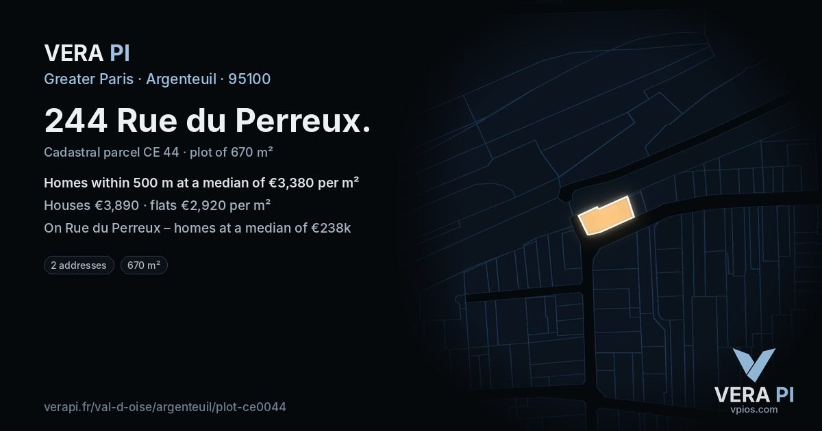 244 Rue du Perreux, Argenteuil at night – the plot lit, the parcels around coloured by the prices near them