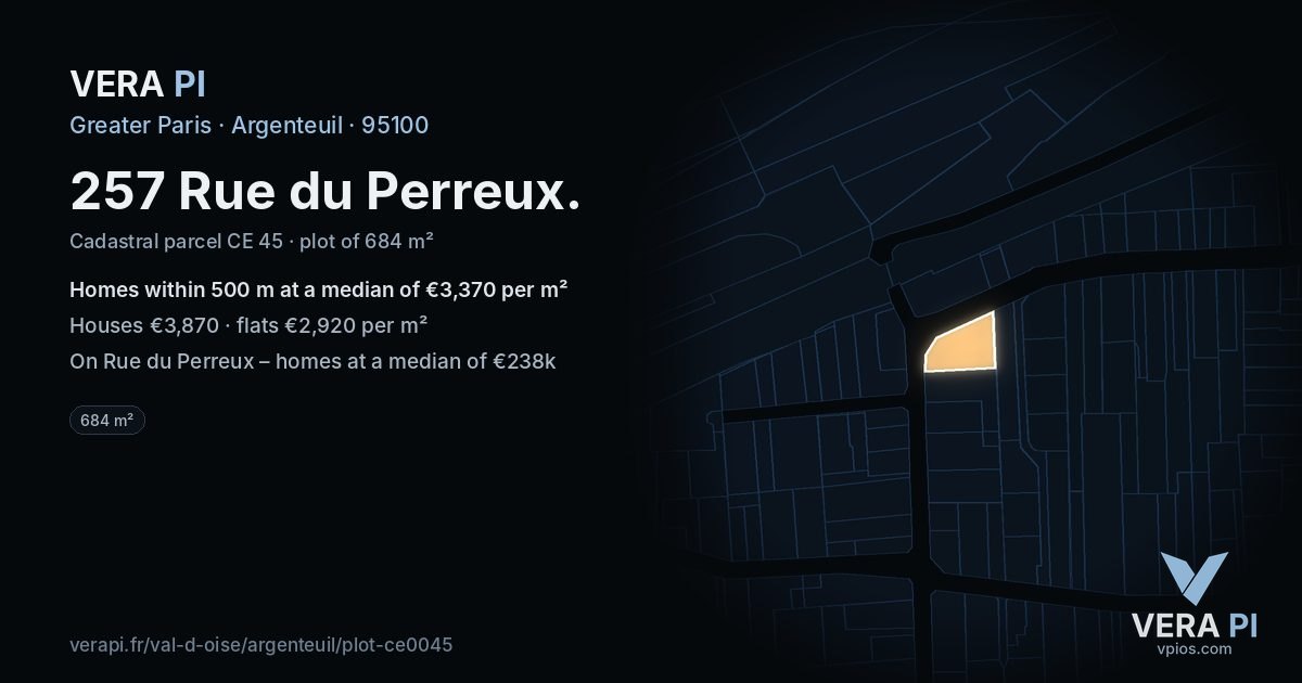 257 Rue du Perreux, Argenteuil at night – the plot lit, the parcels around coloured by the prices near them