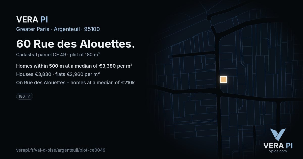 60 Rue des Alouettes, Argenteuil at night – the plot lit, the parcels around coloured by the prices near them