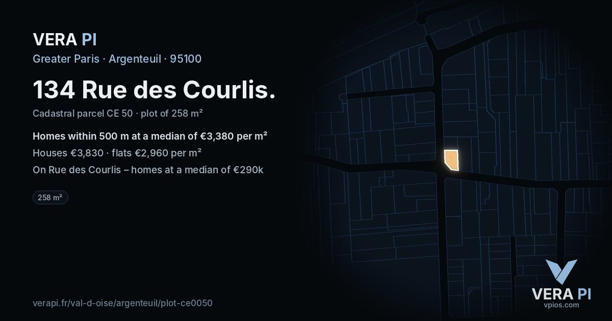 134 Rue des Courlis, Argenteuil at night – the plot lit, the parcels around coloured by the prices near them