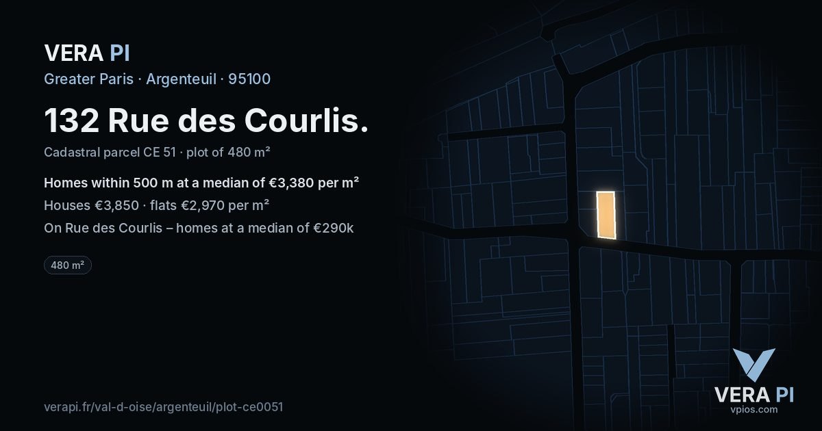 132 Rue des Courlis, Argenteuil at night – the plot lit, the parcels around coloured by the prices near them