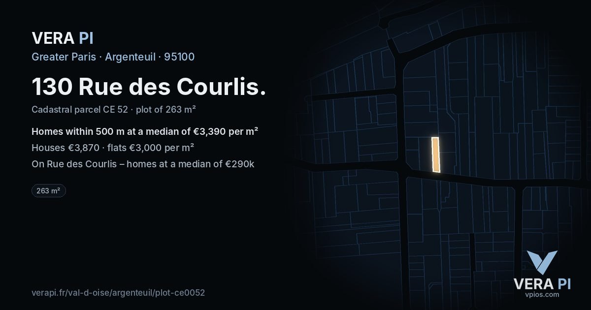 130 Rue des Courlis, Argenteuil at night – the plot lit, the parcels around coloured by the prices near them