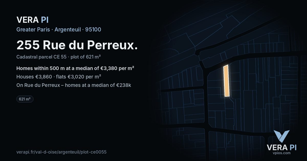 255 Rue du Perreux, Argenteuil at night – the plot lit, the parcels around coloured by the prices near them