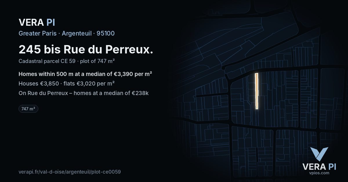 245 bis Rue du Perreux, Argenteuil at night – the plot lit, the parcels around coloured by the prices near them
