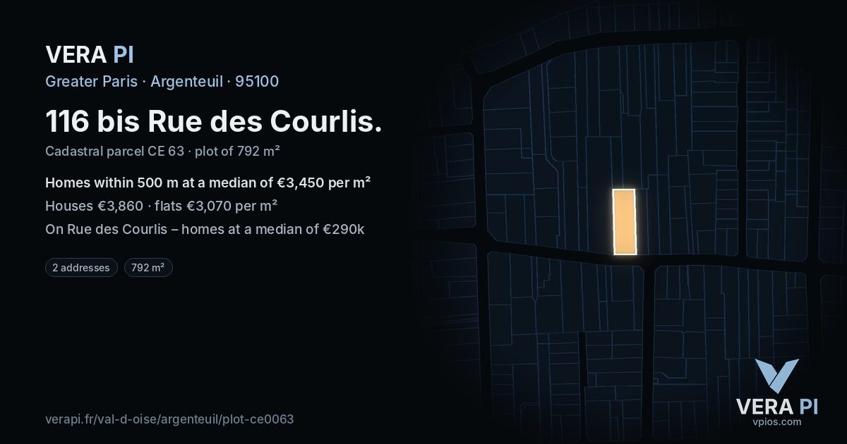 116 bis Rue des Courlis, Argenteuil at night – the plot lit, the parcels around coloured by the prices near them