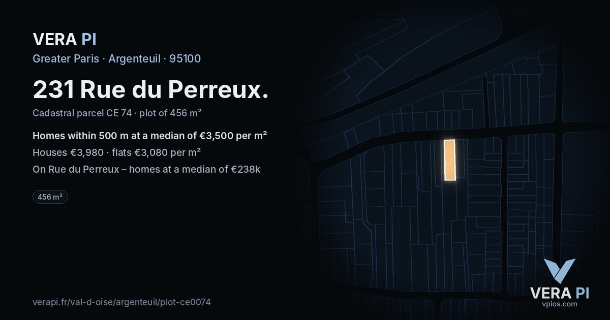 231 Rue du Perreux, Argenteuil at night – the plot lit, the parcels around coloured by the prices near them