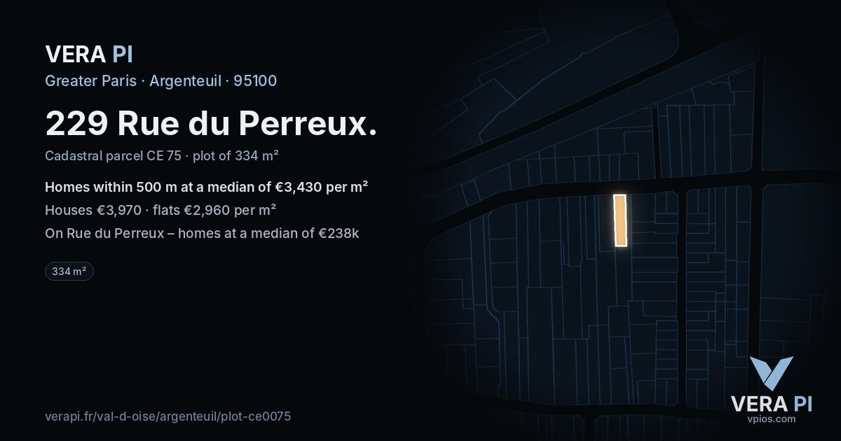 229 Rue du Perreux, Argenteuil at night – the plot lit, the parcels around coloured by the prices near them