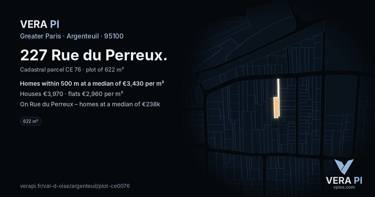 227 Rue du Perreux, Argenteuil at night – the plot lit, the parcels around coloured by the prices near them