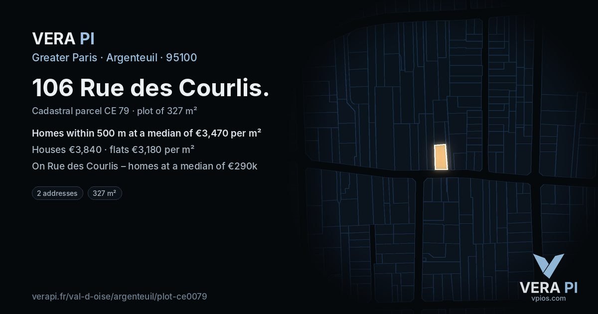 106 Rue des Courlis, Argenteuil at night – the plot lit, the parcels around coloured by the prices near them