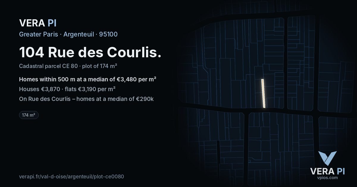 104 Rue des Courlis, Argenteuil at night – the plot lit, the parcels around coloured by the prices near them