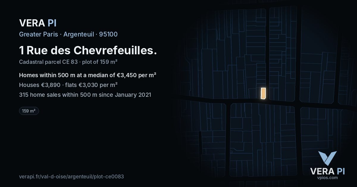 1 Rue des Chevrefeuilles, Argenteuil at night – the plot lit, the parcels around coloured by the prices near them