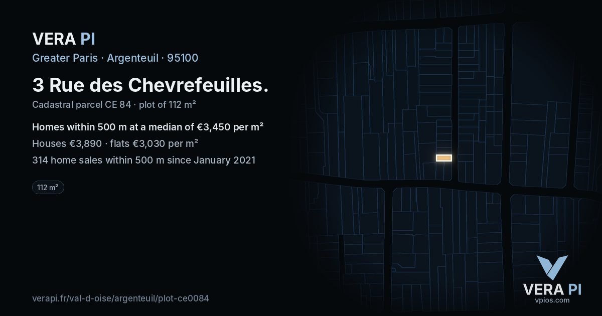 3 Rue des Chevrefeuilles, Argenteuil at night – the plot lit, the parcels around coloured by the prices near them