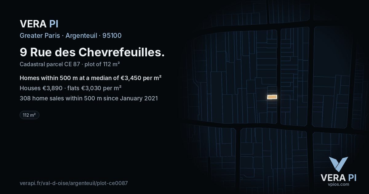 9 Rue des Chevrefeuilles, Argenteuil at night – the plot lit, the parcels around coloured by the prices near them