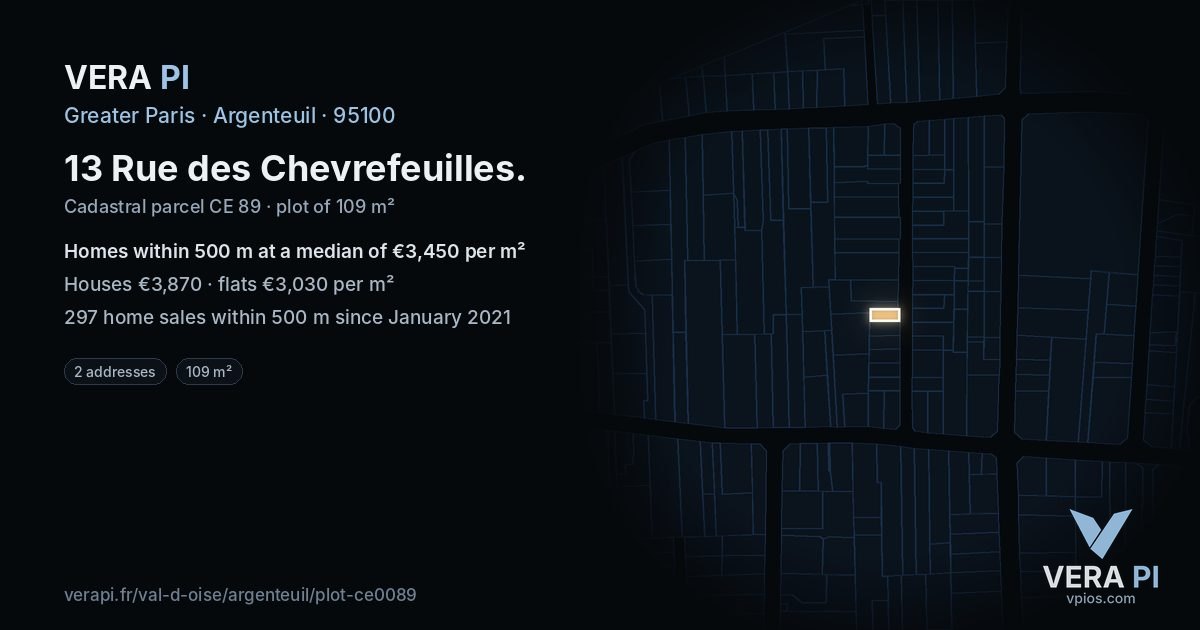 13 Rue des Chevrefeuilles, Argenteuil at night – the plot lit, the parcels around coloured by the prices near them