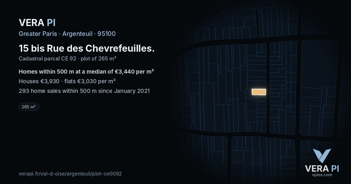 15 bis Rue des Chevrefeuilles, Argenteuil at night – the plot lit, the parcels around coloured by the prices near them