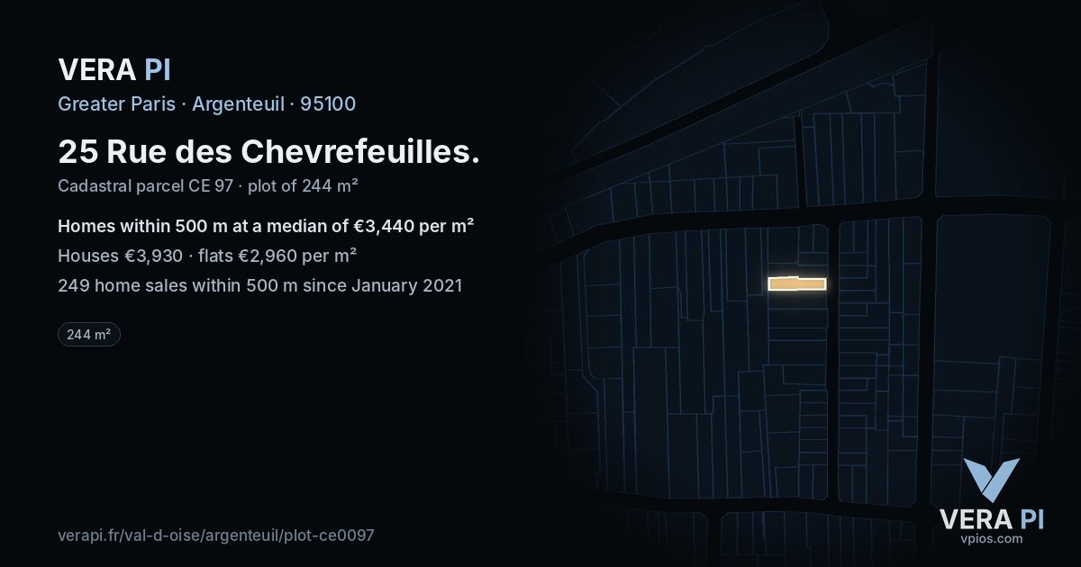 25 Rue des Chevrefeuilles, Argenteuil at night – the plot lit, the parcels around coloured by the prices near them