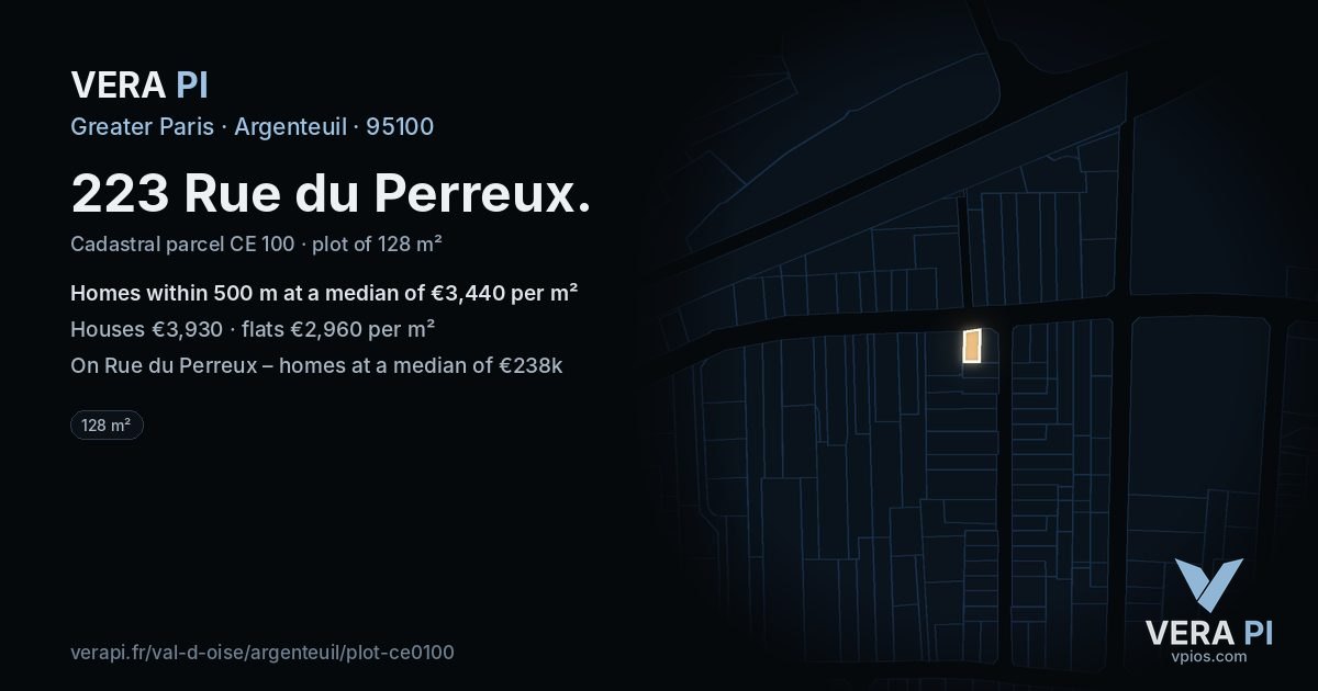 223 Rue du Perreux, Argenteuil at night – the plot lit, the parcels around coloured by the prices near them