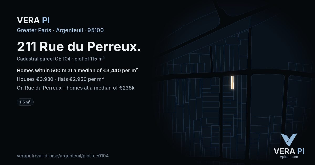 211 Rue du Perreux, Argenteuil at night – the plot lit, the parcels around coloured by the prices near them
