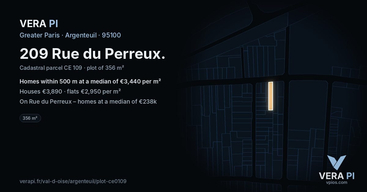 209 Rue du Perreux, Argenteuil at night – the plot lit, the parcels around coloured by the prices near them