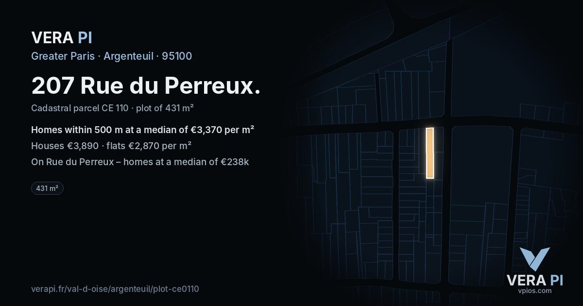 207 Rue du Perreux, Argenteuil at night – the plot lit, the parcels around coloured by the prices near them