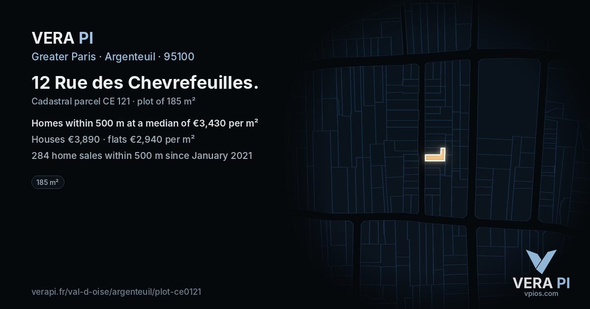 12 Rue des Chevrefeuilles, Argenteuil at night – the plot lit, the parcels around coloured by the prices near them
