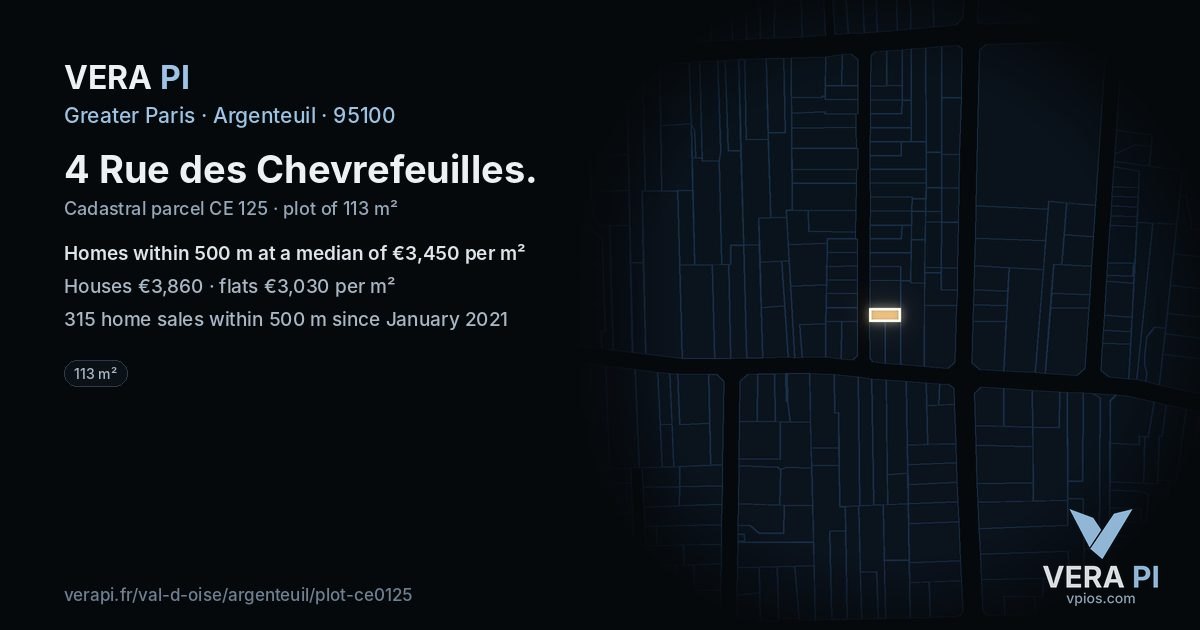 4 Rue des Chevrefeuilles, Argenteuil at night – the plot lit, the parcels around coloured by the prices near them