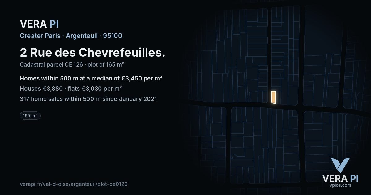 2 Rue des Chevrefeuilles, Argenteuil at night – the plot lit, the parcels around coloured by the prices near them