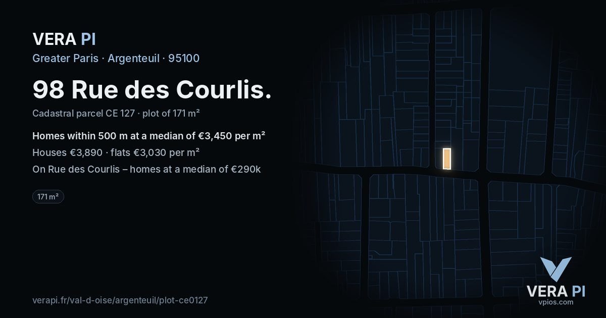 98 Rue des Courlis, Argenteuil at night – the plot lit, the parcels around coloured by the prices near them