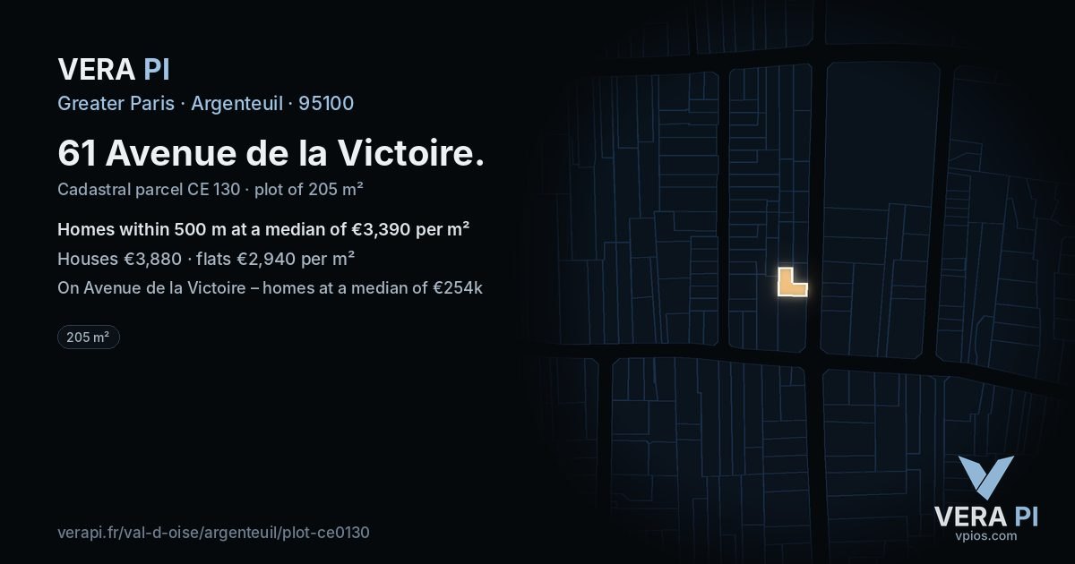 61 Avenue de la Victoire, Argenteuil at night – the plot lit, the parcels around coloured by the prices near them