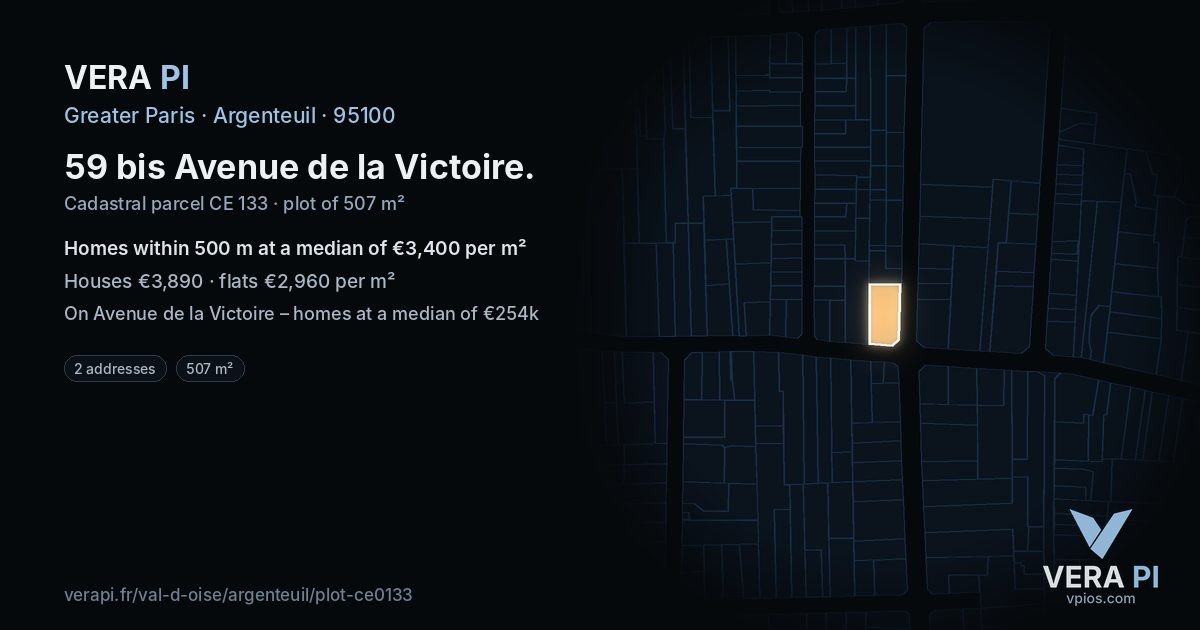 59 bis Avenue de la Victoire, Argenteuil at night – the plot lit, the parcels around coloured by the prices near them