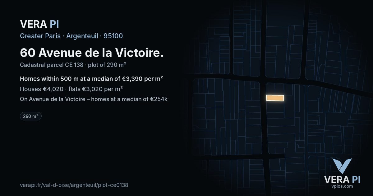 60 Avenue de la Victoire, Argenteuil at night – the plot lit, the parcels around coloured by the prices near them
