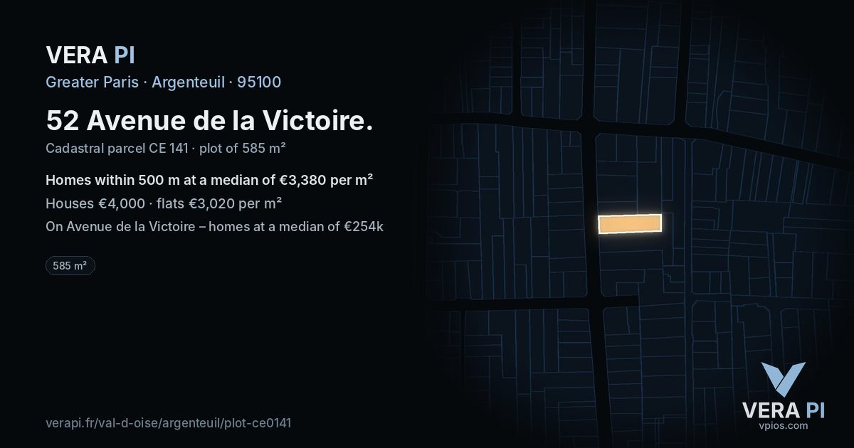 52 Avenue de la Victoire, Argenteuil at night – the plot lit, the parcels around coloured by the prices near them