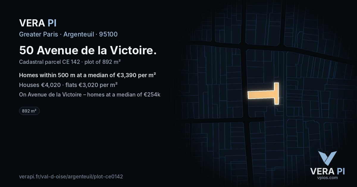 50 Avenue de la Victoire, Argenteuil at night – the plot lit, the parcels around coloured by the prices near them