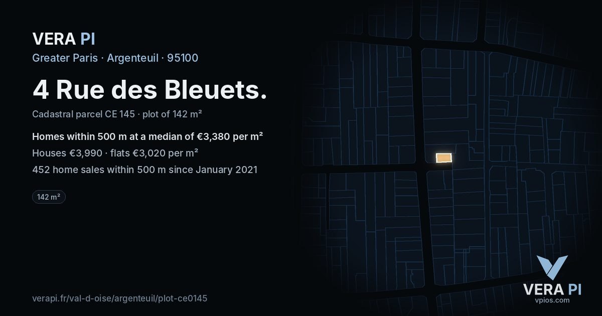 4 Rue des Bleuets, Argenteuil at night – the plot lit, the parcels around coloured by the prices near them