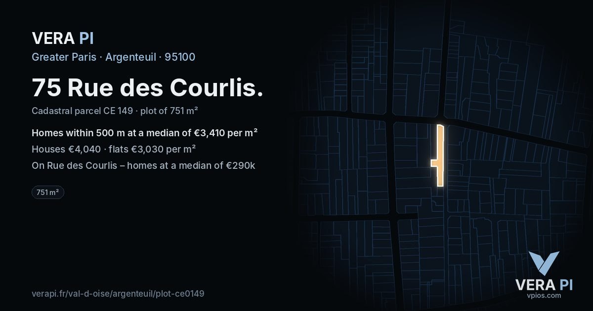 75 Rue des Courlis, Argenteuil at night – the plot lit, the parcels around coloured by the prices near them