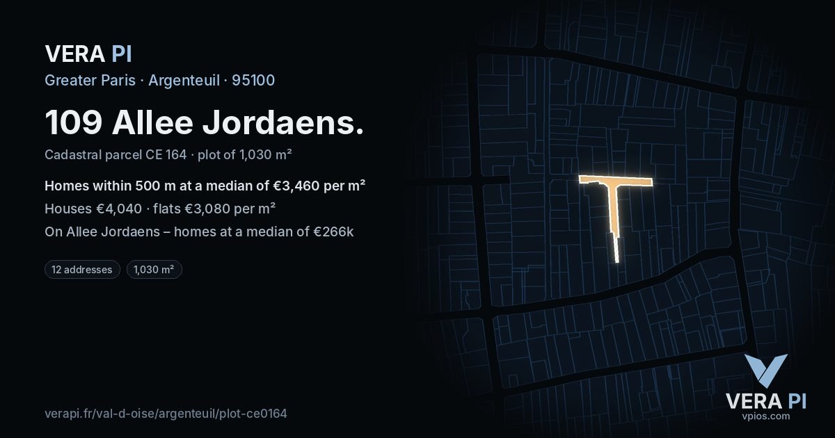109 Allee Jordaens, Argenteuil at night – the plot lit, the parcels around coloured by the prices near them