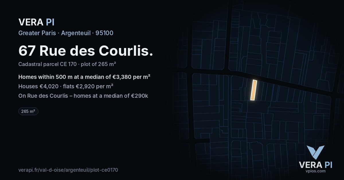 67 Rue des Courlis, Argenteuil at night – the plot lit, the parcels around coloured by the prices near them